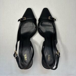 (RARELY WORN) Zara Black Block Heel Slingbacks with Gold Buckle Detail